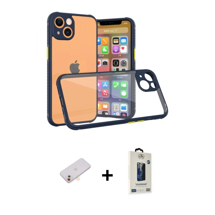MARSİLYAN™- iPhone 13 Mini Kılıf Nova Asil Özel Seri - Siyah Bilvis Hayalet Cam Ekran Koruyucu + Renkli Kamera Lens Koruma Cam - YL
