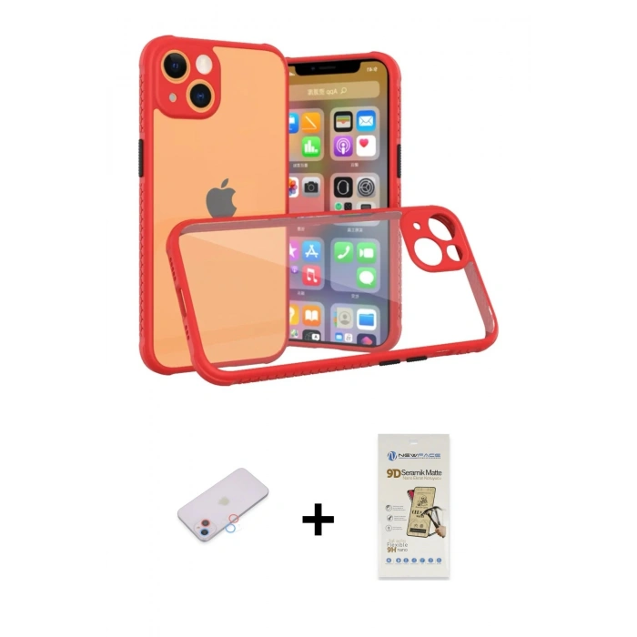 MARSİLYAN™- iPhone 13 Mini Kılıf Nova Asil Özel Seri - Siyah Mat Seramik Nano Ekran Koruyucu + Renkli Kamera Lens Koruma Cam - PE
