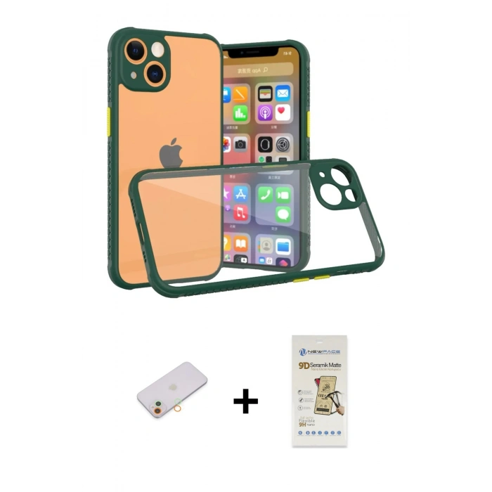 MARSİLYAN™- iPhone 13 Mini Kılıf Nova Asil Özel Seri - Siyah Mat Seramik Nano Ekran Koruyucu + Renkli Kamera Lens Koruma Cam - TU