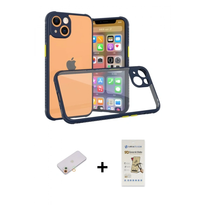 MARSİLYAN™- iPhone 13 Mini Kılıf Nova Asil Özel Seri - Siyah Mat Seramik Nano Ekran Koruyucu + Renkli Kamera Lens Koruma Cam - TU