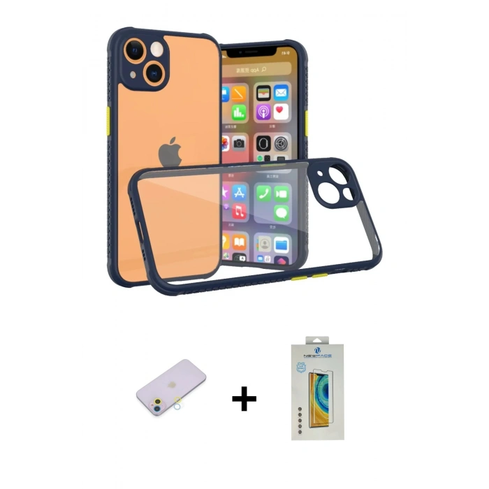 MARSİLYAN™- iPhone 13 Mini Kılıf Nova Asil Özel Seri - Siyah Polymer Nano Ekran Koruyucu + Renkli Kamera Lens Koruma Cam - SI