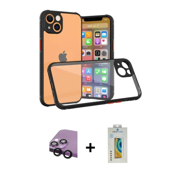 MARSİLYAN™- iPhone 13 Mini Kılıf Nova Asil Özel Seri - Siyah Polymer Nano Ekran Koruyucu + Raze Metal Kamera Lens - SH