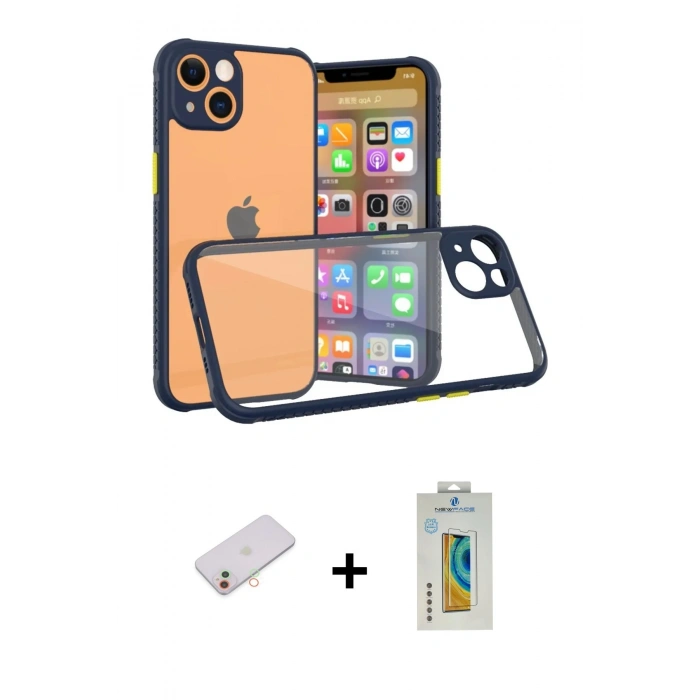 MARSİLYAN™- iPhone 13 Mini Kılıf Nova Asil Özel Seri - Siyah Polymer Nano Ekran Koruyucu + Yeşil Renkli Kamera Lens Koruma Cam