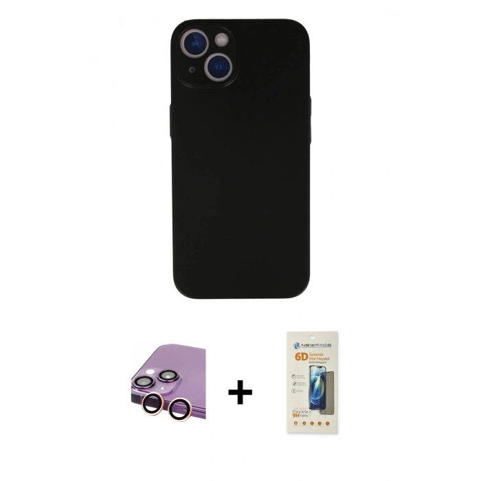 MARSİLYAN™- iPhone 13 Mini Kılıf Yadigar Yansıma Serisi - Siyah 6D Mat Seramik Hayalet Nano Ekran Koruyucu + Raze Metal Kamera Lens - PE