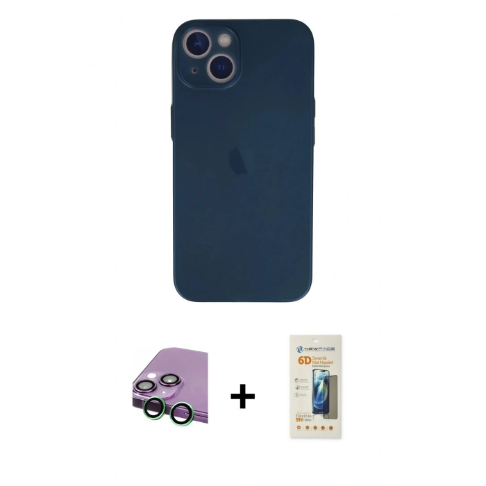 MARSİLYAN™- iPhone 13 Mini Kılıf Yadigar Yansıma Serisi - Siyah 6D Mat Seramik Hayalet Nano Ekran Koruyucu + Yeşil Raze Metal Kamera Lens