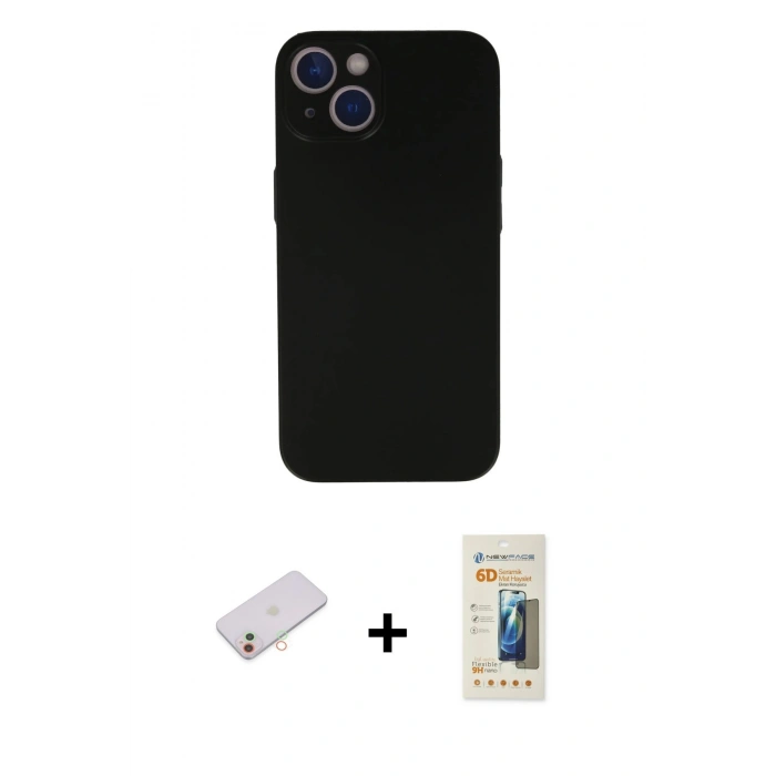 MARSİLYAN™- iPhone 13 Mini Kılıf Yadigar Yansıma Serisi - Siyah 6D Mat Seramik Hayalet Nano Ekran Koruyucu + Renkli Kamera Lens Koruma Cam - YL