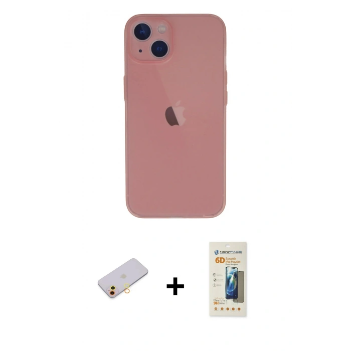 MARSİLYAN™- iPhone 13 Mini Kılıf Yadigar Yansıma Serisi - Siyah 6D Mat Seramik Hayalet Nano Ekran Koruyucu + Sarı Renkli Kamera Lens Koruma Cam