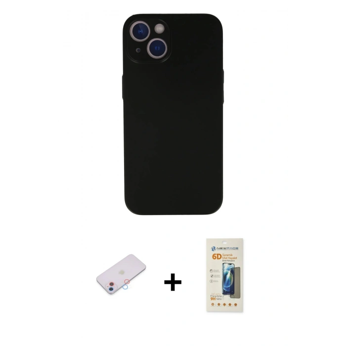 MARSİLYAN™- iPhone 13 Mini Kılıf Yadigar Yansıma Serisi - Siyah 6D Mat Seramik Hayalet Nano Ekran Koruyucu + Renkli Kamera Lens Koruma Cam - PE