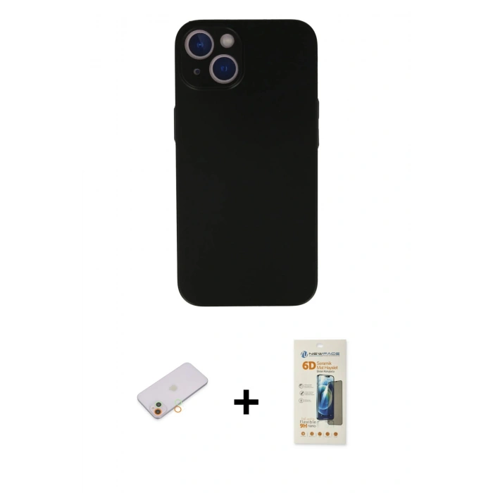 MARSİLYAN™- iPhone 13 Mini Kılıf Yadigar Yansıma Serisi - Siyah 6D Mat Seramik Hayalet Nano Ekran Koruyucu + Renkli Kamera Lens Koruma Cam - TU