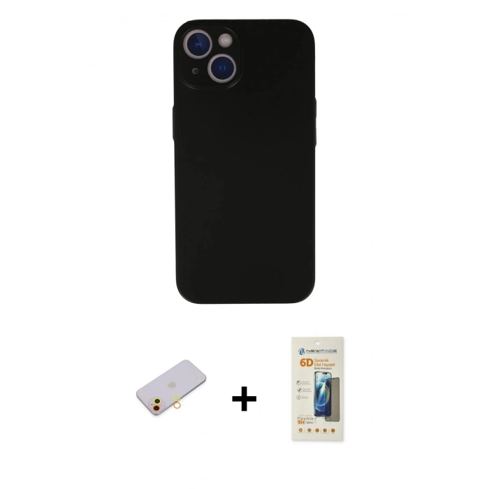 MARSİLYAN™- iPhone 13 Mini Kılıf Yadigar Yansıma Serisi - Siyah 6D Mat Seramik Hayalet Nano Ekran Koruyucu + Sarı Renkli Kamera Lens Koruma Cam