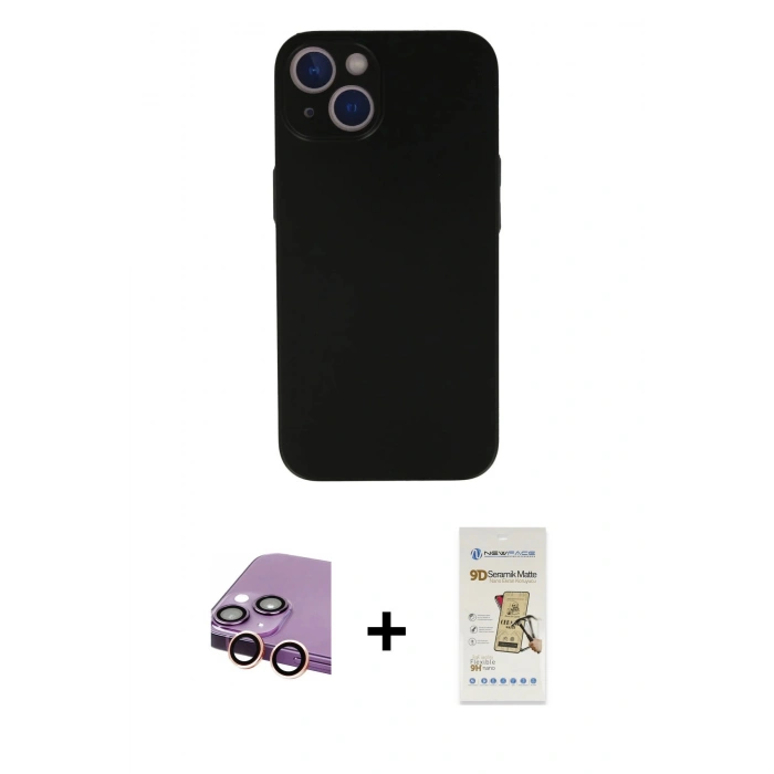 MARSİLYAN™- iPhone 13 Mini Kılıf Yadigar Yansıma Serisi - Siyah Mat Seramik Nano Ekran Koruyucu + Pembe Raze Metal Kamera Lens