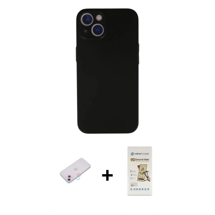 MARSİLYAN™- iPhone 13 Mini Kılıf Yadigar Yansıma Serisi - Siyah Mat Seramik Nano Ekran Koruyucu + Renkli Kamera Lens Koruma Cam - PE