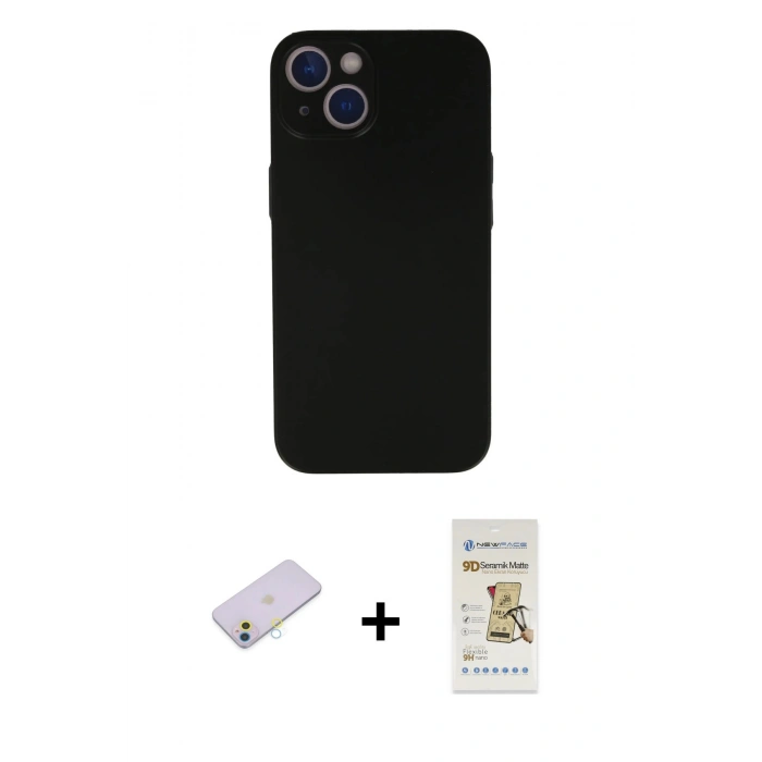 MARSİLYAN™- iPhone 13 Mini Kılıf Yadigar Yansıma Serisi - Siyah Mat Seramik Nano Ekran Koruyucu + Renkli Kamera Lens Koruma Cam - SI