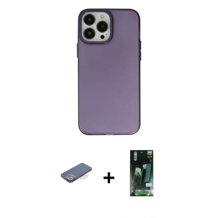MARSİLYAN™- iPhone 13 Pro Kılıf Ahenk Çizgi Prime - Şeffaf 360 Full Body Arka Koruyucu + Mavi Renkli Kamera Lens Koruma Cam