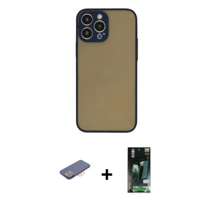 MARSİLYAN™- iPhone 13 Pro Kılıf Ahenk Çizgi Serisi - Şeffaf 360 Full Body Arka Koruyucu + Renkli Kamera Lens Koruma Cam - PE