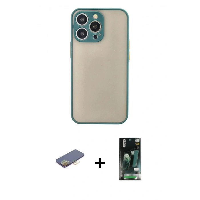 MARSİLYAN™- iPhone 13 Pro Kılıf Ahenk Çizgi Serisi - Şeffaf 360 Full Body Arka Koruyucu + Renkli Kamera Lens Koruma Cam - SI