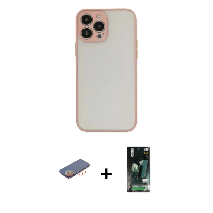 MARSİLYAN™- iPhone 13 Pro Kılıf Ahenk Çizgi Serisi - Şeffaf 360 Full Body Arka Koruyucu + Renkli Kamera Lens Koruma Cam - TU