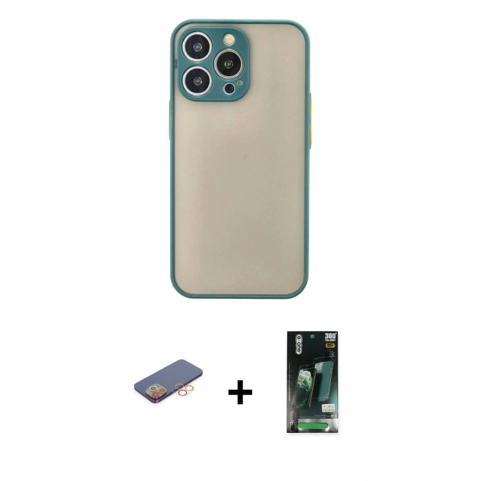 MARSİLYAN™- iPhone 13 Pro Kılıf Ahenk Çizgi Serisi - Şeffaf 360 Full Body Arka Koruyucu + Renkli Kamera Lens Koruma Cam - TU