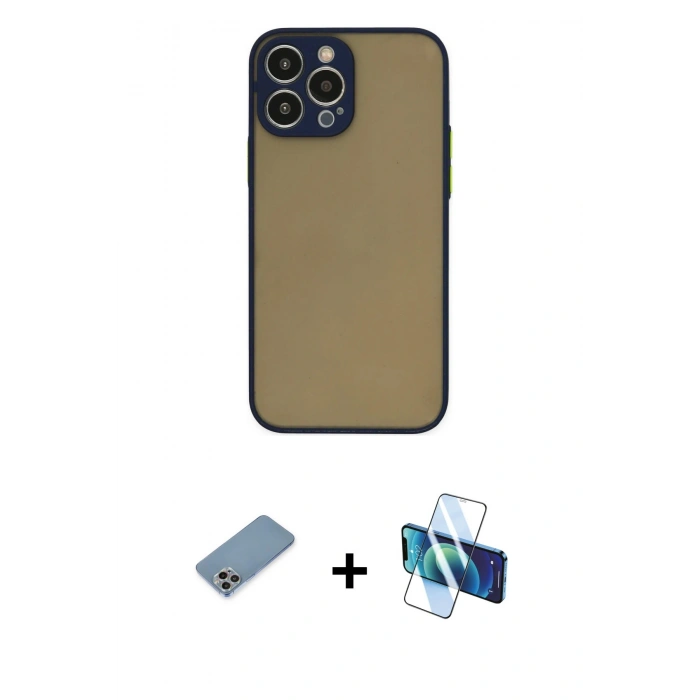 MARSİLYAN™- iPhone 13 Pro Kılıf Ahenk Çizgi Serisi - Siyah 3D Antistatik Seramik Nano Ekran Koruyucu + Gökkuşağı Shine Kamera Lens Koruma Cam