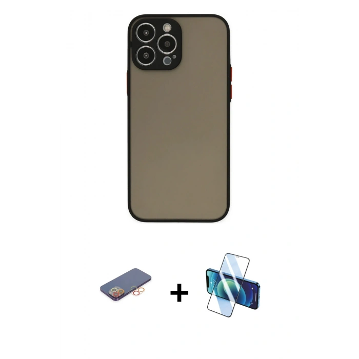 MARSİLYAN™- iPhone 13 Pro Kılıf Ahenk Çizgi Serisi - Siyah 3D Antistatik Seramik Nano Ekran Koruyucu + Renkli Kamera Lens Koruma Cam - TU