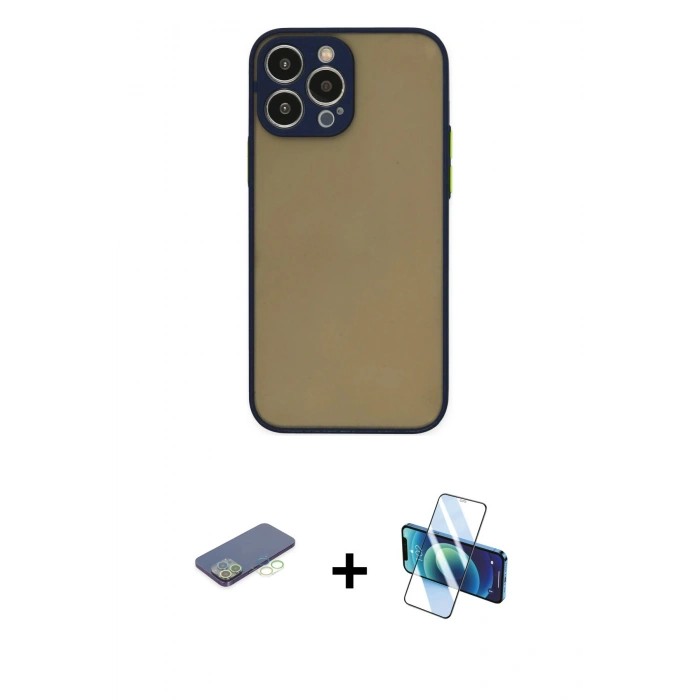MARSİLYAN™- iPhone 13 Pro Kılıf Ahenk Çizgi Serisi - Siyah 3D Antistatik Seramik Nano Ekran Koruyucu + Renkli Kamera Lens Koruma Cam - YL