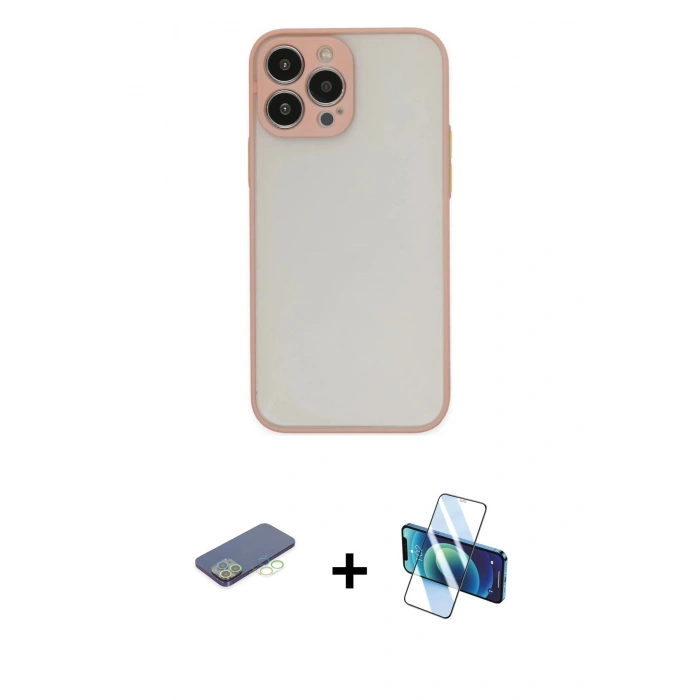 MARSİLYAN™- iPhone 13 Pro Kılıf Ahenk Çizgi Serisi - Siyah 3D Antistatik Seramik Nano Ekran Koruyucu + Renkli Kamera Lens Koruma Cam - YL