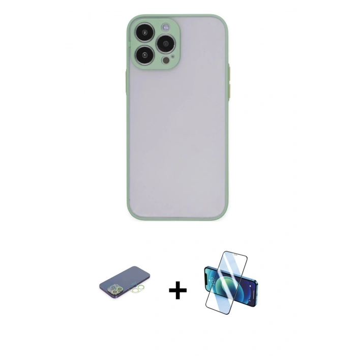 MARSİLYAN™- iPhone 13 Pro Kılıf Ahenk Çizgi Serisi - Siyah 3D Antistatik Seramik Nano Ekran Koruyucu + Renkli Kamera Lens Koruma Cam - YL