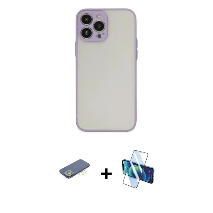 MARSİLYAN™- iPhone 13 Pro Kılıf Ahenk Çizgi Serisi - Siyah 3D Antistatik Seramik Nano Ekran Koruyucu + Renkli Kamera Lens Koruma Cam - YL