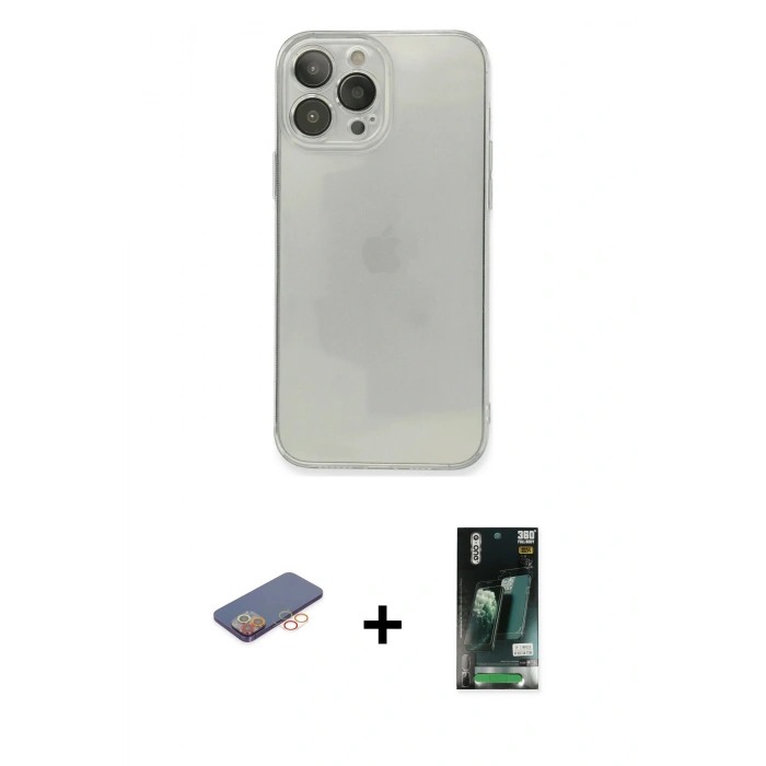 MARSİLYAN™- iPhone 13 Pro Kılıf Ahenk Doku - Şeffaf 360 Full Body Arka Koruyucu + Renkli Kamera Lens Koruma Cam - TU