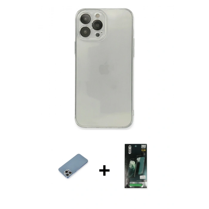 MARSİLYAN™- iPhone 13 Pro Kılıf Ahenk Doku - Şeffaf 360 Full Body Arka Koruyucu + Shine Kamera Lens Koruma Cam - GI