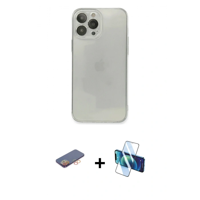 MARSİLYAN™- iPhone 13 Pro Kılıf Ahenk Doku - Siyah 3D Antistatik Seramik Nano Ekran Koruyucu + Renkli Kamera Lens Koruma Cam - TU
