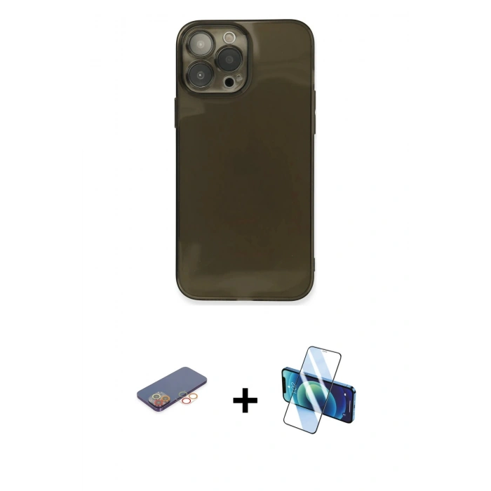 MARSİLYAN™- iPhone 13 Pro Kılıf Ahenk Doku - Siyah 3D Antistatik Seramik Nano Ekran Koruyucu + Renkli Kamera Lens Koruma Cam - TU