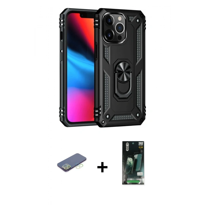MARSİLYAN™- iPhone 13 Pro Kılıf Ahenk Klasik Koleksiyonu - Şeffaf 360 Full Body Arka Koruyucu + Renkli Kamera Lens Koruma Cam - YL