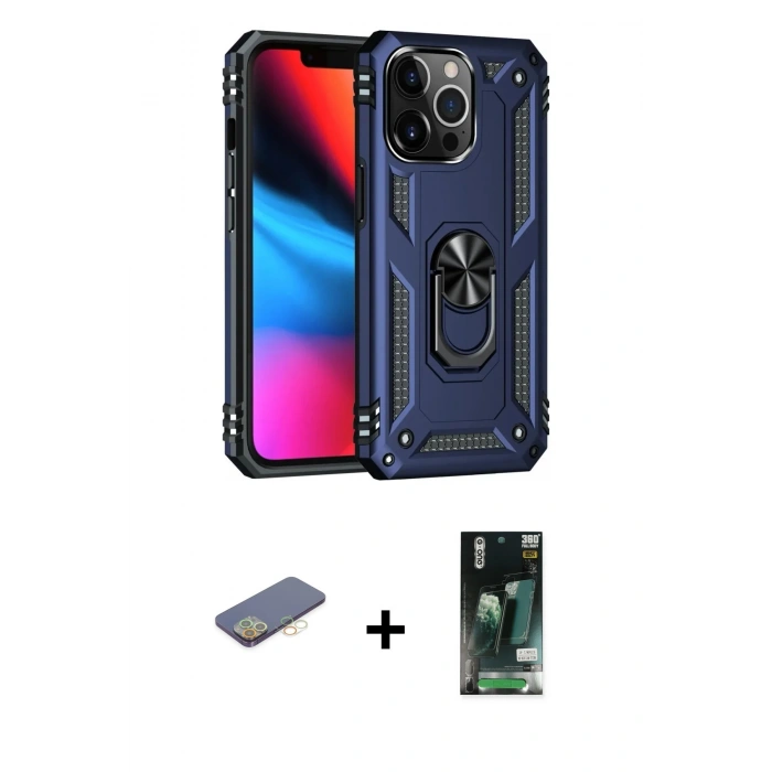 MARSİLYAN™- iPhone 13 Pro Kılıf Ahenk Klasik Koleksiyonu - Şeffaf 360 Full Body Arka Koruyucu + Renkli Kamera Lens Koruma Cam - SI