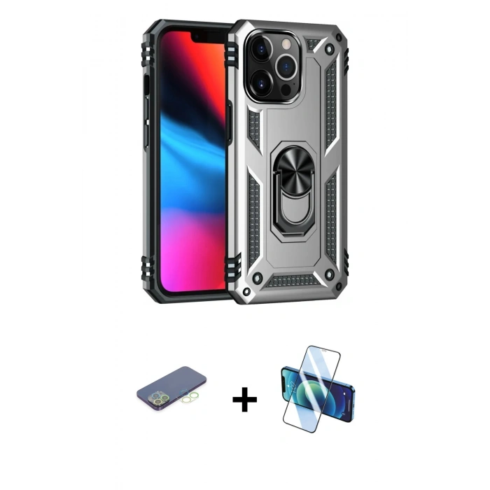 MARSİLYAN™- iPhone 13 Pro Kılıf Ahenk Klasik Koleksiyonu - Siyah 3D Antistatik Seramik Nano Ekran Koruyucu + Renkli Kamera Lens Koruma Cam - YL