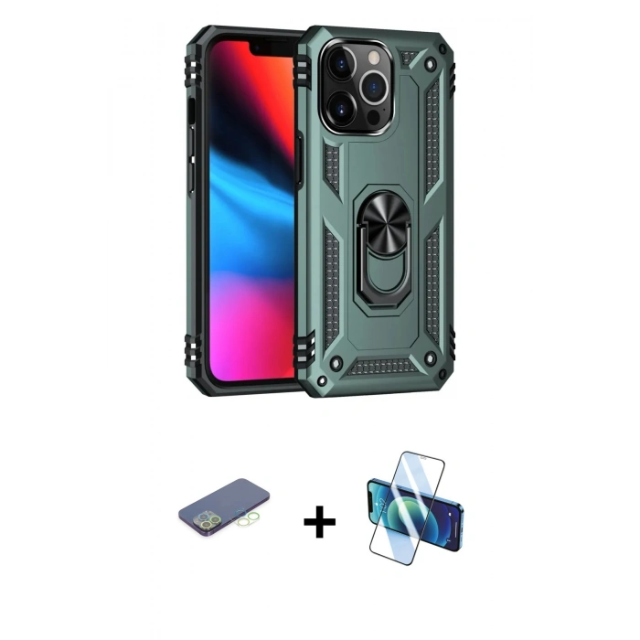 MARSİLYAN™- iPhone 13 Pro Kılıf Ahenk Klasik Koleksiyonu - Siyah 3D Antistatik Seramik Nano Ekran Koruyucu + Renkli Kamera Lens Koruma Cam - YL