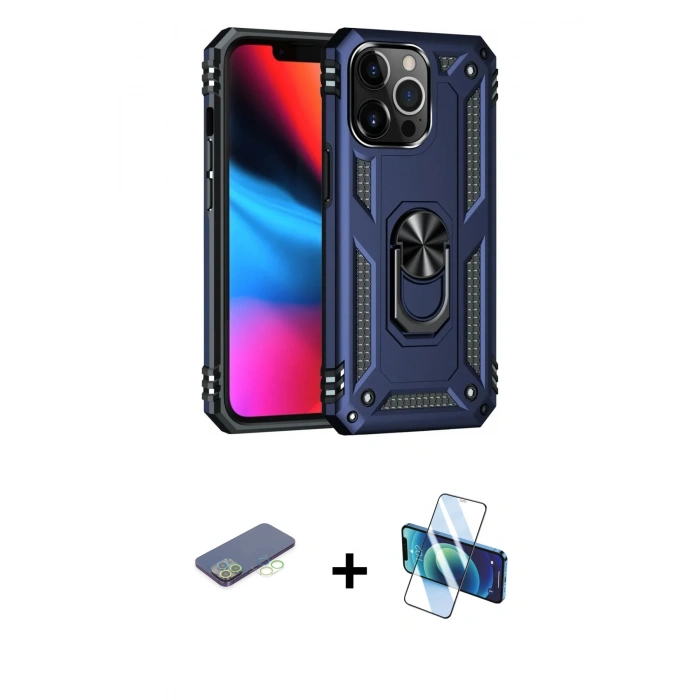 MARSİLYAN™- iPhone 13 Pro Kılıf Ahenk Klasik Koleksiyonu - Siyah 3D Antistatik Seramik Nano Ekran Koruyucu + Renkli Kamera Lens Koruma Cam - YL