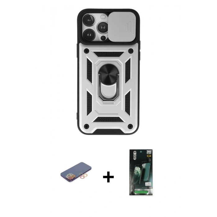 MARSİLYAN™- iPhone 13 Pro Kılıf Ahenk Klasik - Şeffaf 360 Full Body Arka Koruyucu + Renkli Kamera Lens Koruma Cam - TU