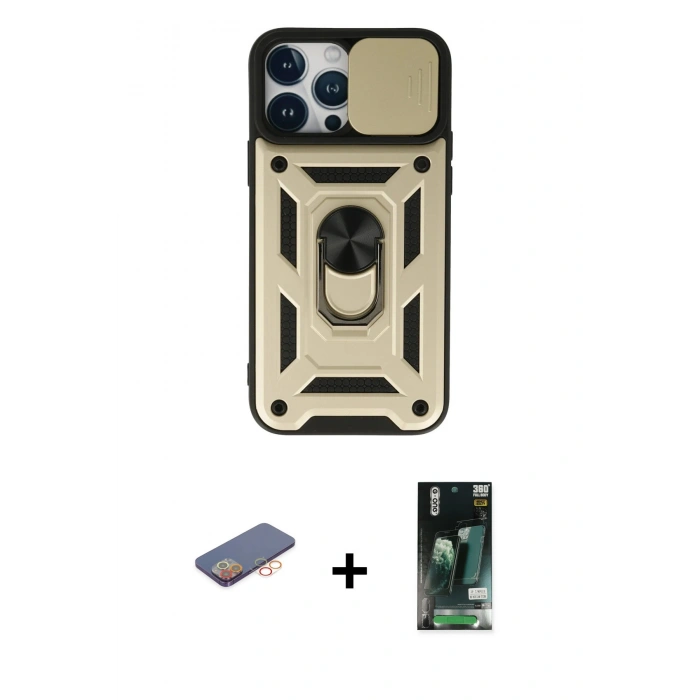 MARSİLYAN™- iPhone 13 Pro Kılıf Ahenk Klasik - Şeffaf 360 Full Body Arka Koruyucu + Renkli Kamera Lens Koruma Cam - TU
