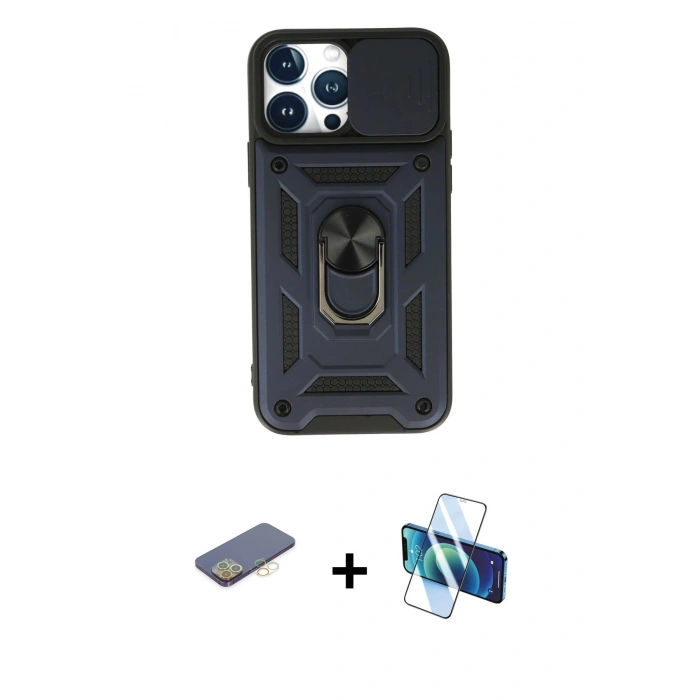 MARSİLYAN™- iPhone 13 Pro Kılıf Ahenk Klasik - Siyah 3D Antistatik Seramik Nano Ekran Koruyucu + Renkli Kamera Lens Koruma Cam - SI