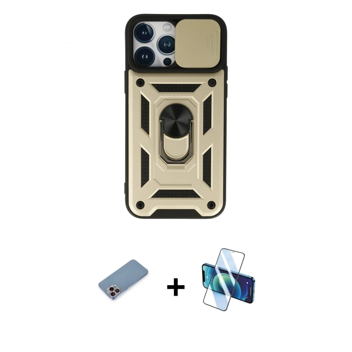 MARSİLYAN™- iPhone 13 Pro Kılıf Ahenk Klasik - Siyah 3D Antistatik Seramik Nano Ekran Koruyucu + Shine Kamera Lens Koruma Cam - PE