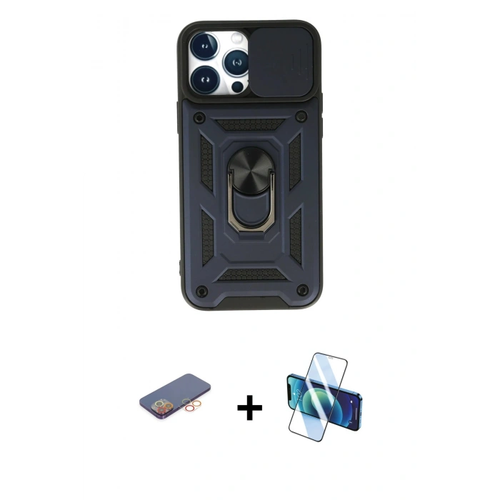 MARSİLYAN™- iPhone 13 Pro Kılıf Ahenk Klasik - Siyah 3D Antistatik Seramik Nano Ekran Koruyucu + Renkli Kamera Lens Koruma Cam - TU