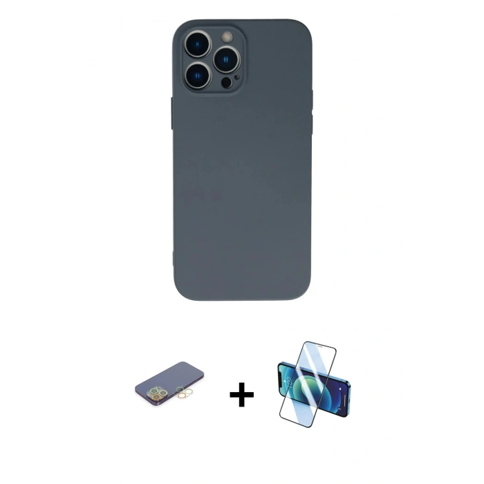 MARSİLYAN™- iPhone 13 Pro Kılıf Ahenk Serisi - Siyah 3D Antistatik Seramik Nano Ekran Koruyucu + Renkli Kamera Lens Koruma Cam - SI