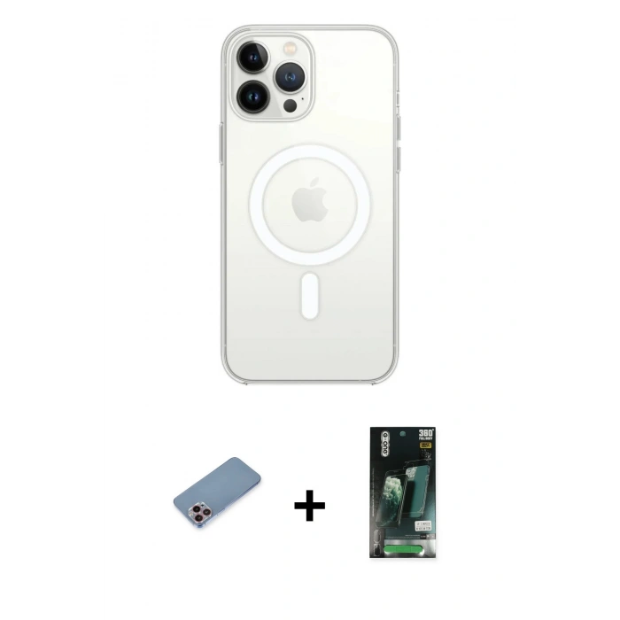 MARSİLYAN™- iPhone 13 Pro Kılıf Ahenk Yansıma Prime - Şeffaf 360 Full Body Arka Koruyucu + Pembe Shine Kamera Lens Koruma Cam