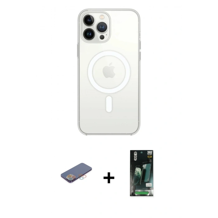 MARSİLYAN™- iPhone 13 Pro Kılıf Ahenk Yansıma Prime - Şeffaf 360 Full Body Arka Koruyucu + Renkli Kamera Lens Koruma Cam - PE