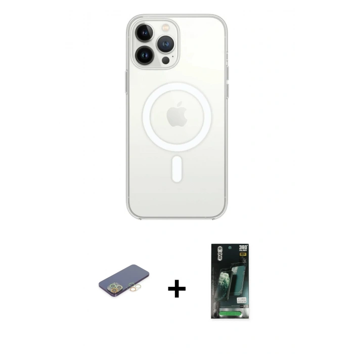 MARSİLYAN™- iPhone 13 Pro Kılıf Ahenk Yansıma Prime - Şeffaf 360 Full Body Arka Koruyucu + Renkli Kamera Lens Koruma Cam - SI