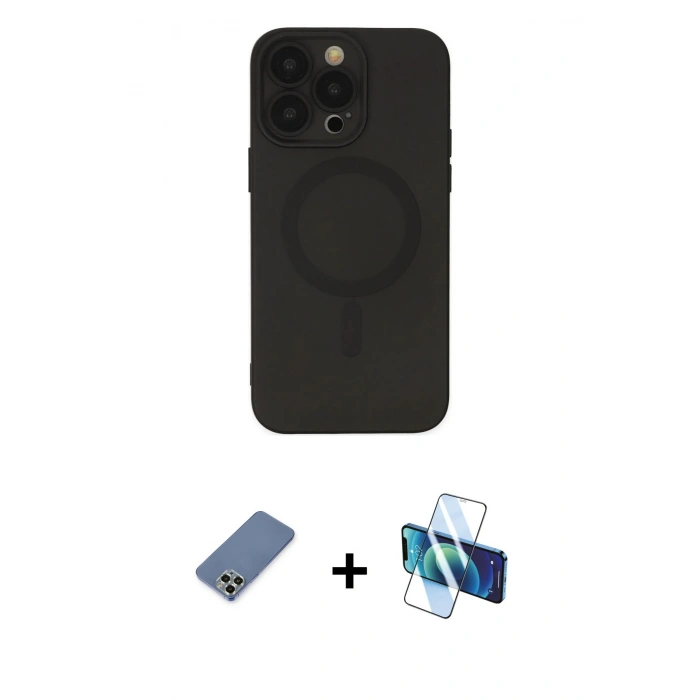 MARSİLYAN™- iPhone 13 Pro Kılıf Akış Minimal Özel Seri - Siyah 3D Antistatik Seramik Nano Ekran Koruyucu + Açık Yeşil Metal Kamera Lens Koruma Cam
