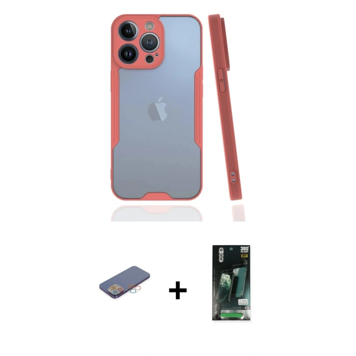 MARSİLYAN™- iPhone 13 Pro Kılıf Atlas Asil Serisi - Şeffaf 360 Full Body Arka Koruyucu + Renkli Kamera Lens Koruma Cam - PE