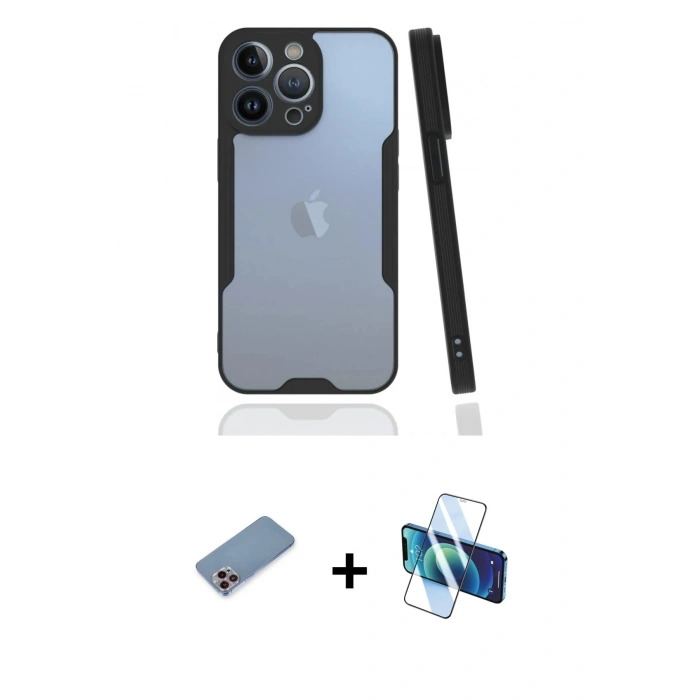 MARSİLYAN™- iPhone 13 Pro Kılıf Atlas Asil Serisi - Siyah 3D Antistatik Seramik Nano Ekran Koruyucu + Shine Kamera Lens Koruma Cam - PE