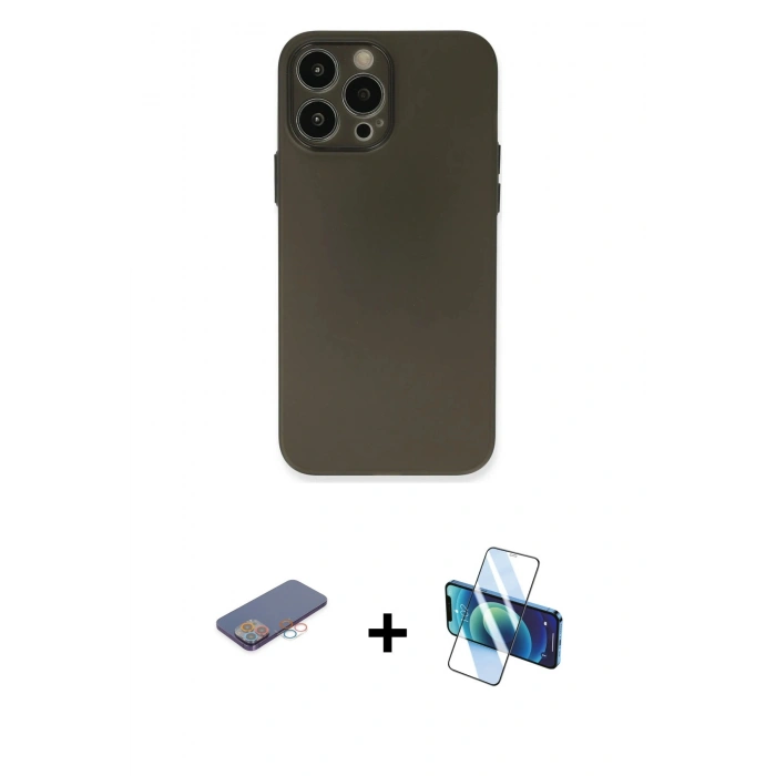 MARSİLYAN™- iPhone 13 Pro Kılıf Atlas Minimal Prime - Siyah 3D Antistatik Seramik Nano Ekran Koruyucu + Renkli Kamera Lens Koruma Cam - PE